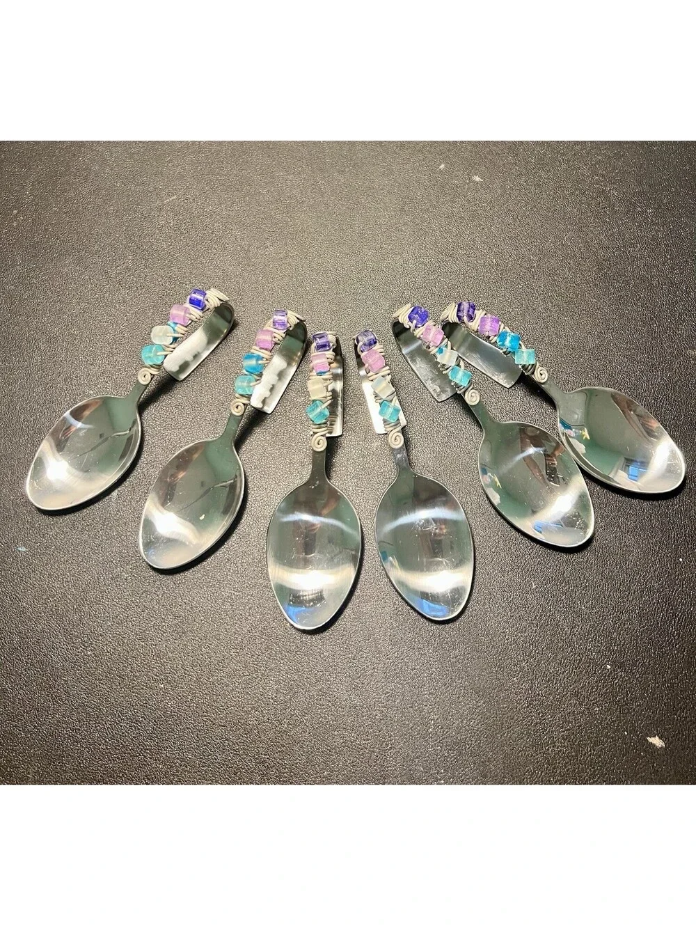 Artisan Vintage 1990s 6 Bent Stainless Steel Appetizer Spoons Lucite Beads, 5.5”
